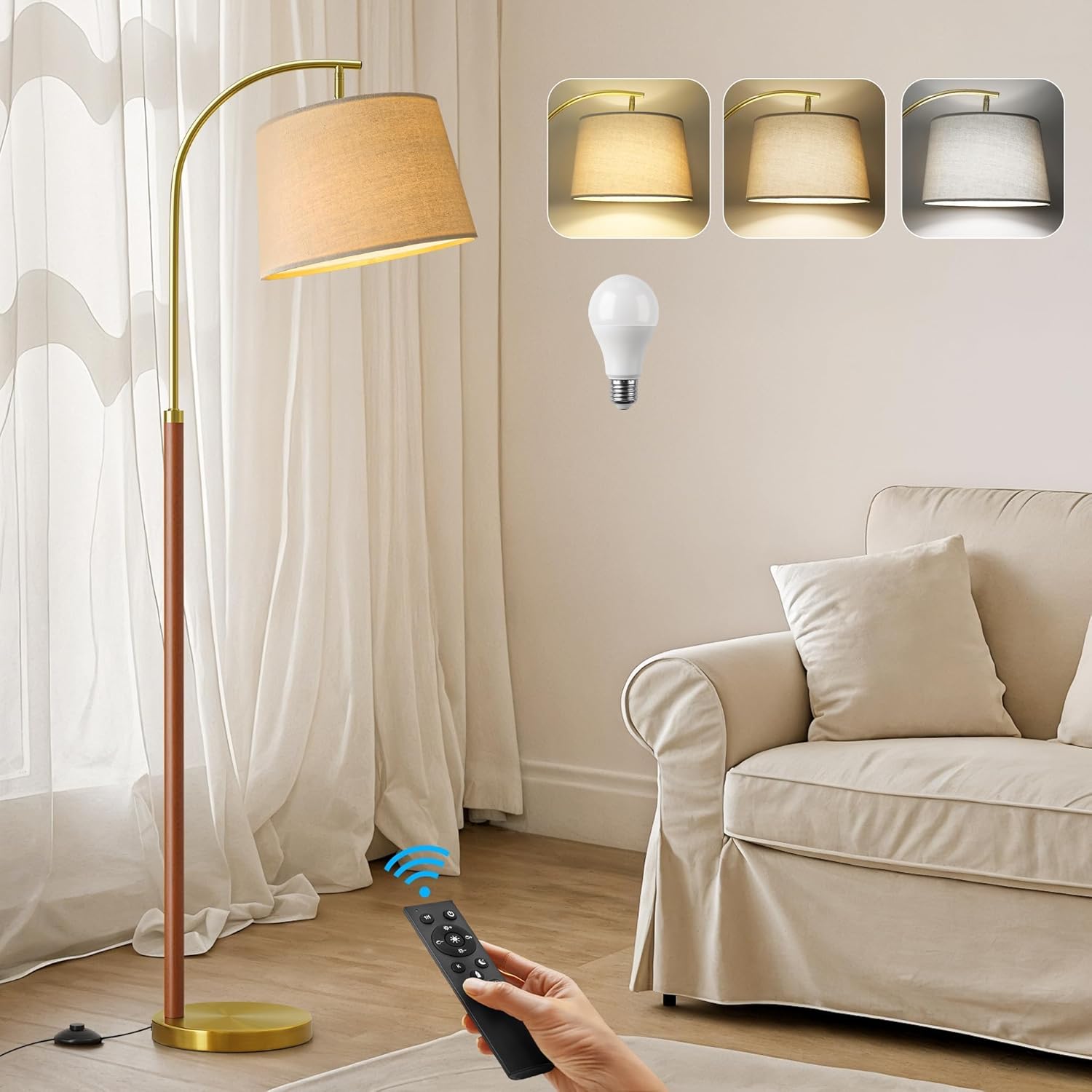 62.5" Gold Floor Lamp for Living Room Dimmable Standing Lamp with Remote & Foot Switch, 3 Color Temperatures Arc Tall Lamp Wood Mid…