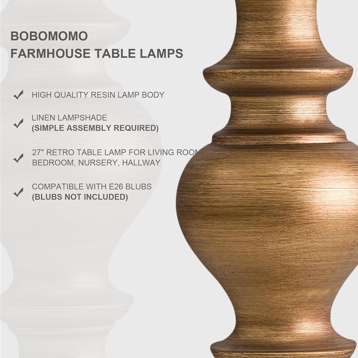 BOBOMOMO 27" Antique Gold Table Lamps Set of 2, Elegant Large Resin Lamps with Linen Shades, Gold Traditional Lamps for Bedroom, Living…