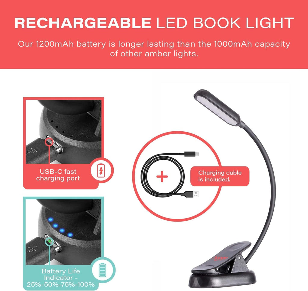 hooga Amber Book Light – Blue Light Blocking Reading Light for Bed, Stepless Dimming, Rechargeable Clip-On Night Light, 1600K Amber &…