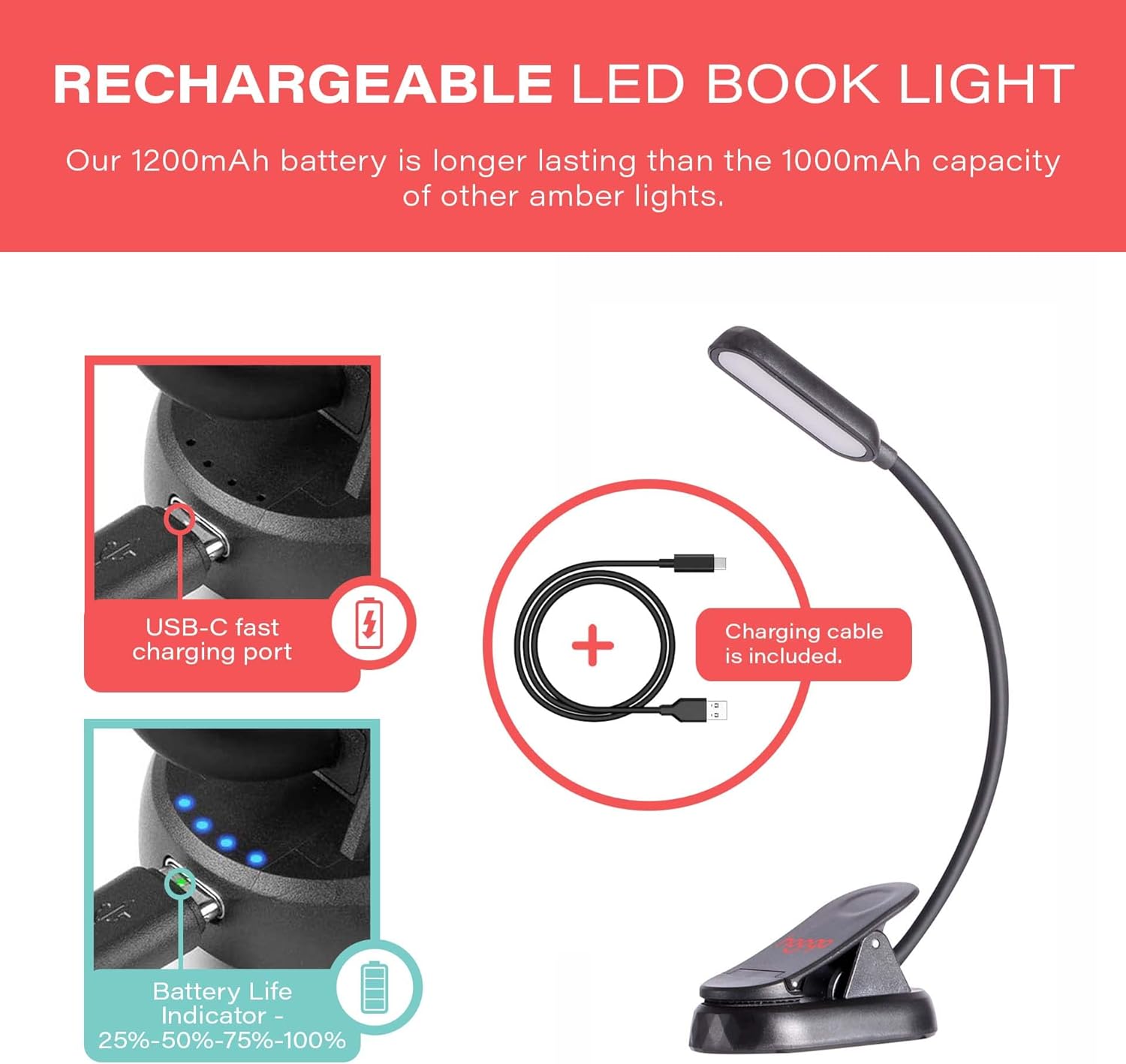hooga Amber Book Light – Blue Light Blocking Reading Light for Bed, Stepless Dimming, Rechargeable Clip-On Night Light, 1600K Amber &…