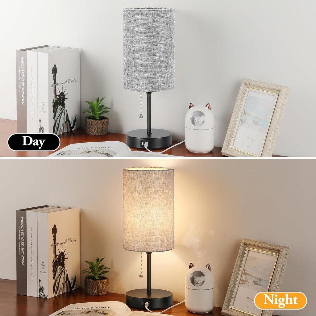 Lakumu Modern Table Lamps Set of 2, Grey Fabric Shade and Black Metal Base for Living Room Bedroom Office Reading Dorm Hotel