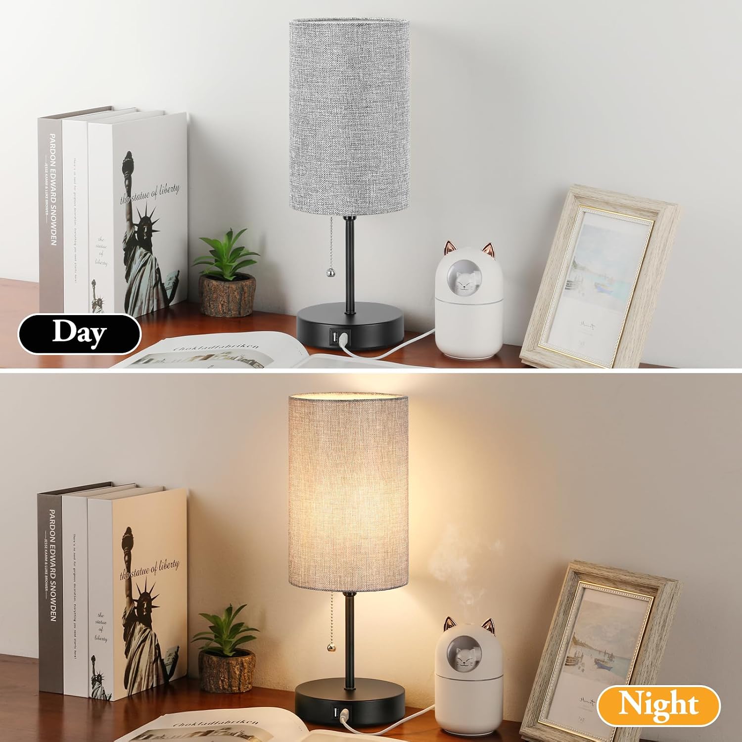 Lakumu Modern Table Lamps Set of 2, Grey Fabric Shade and Black Metal Base for Living Room Bedroom Office Reading Dorm Hotel