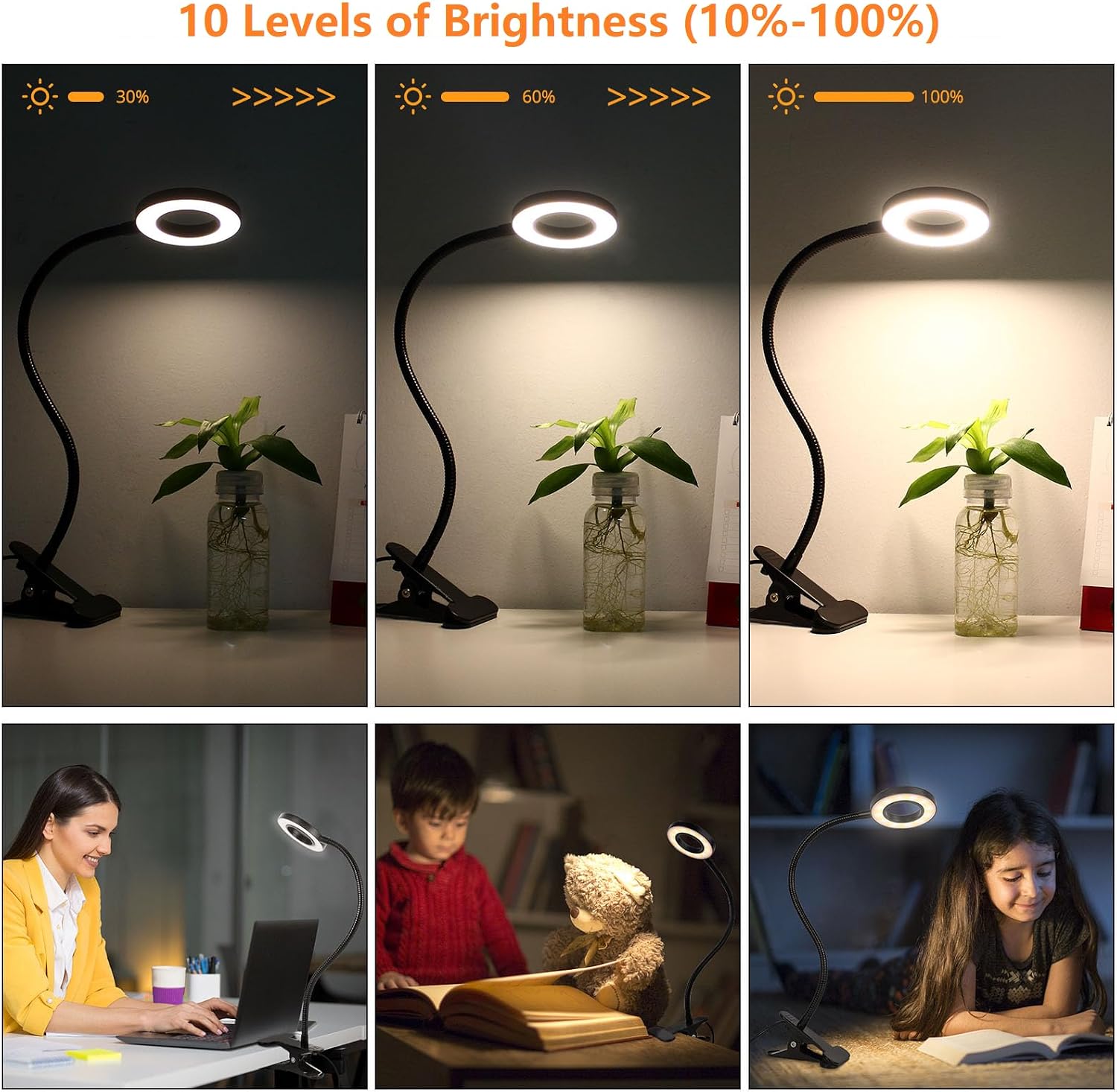 Woputne Desk Clip on Lamp for Reading Home Office, with 5V 2A Adapter, 10 Dimmable Brightness 3 Modes, Clamp Reading Light for Bed…