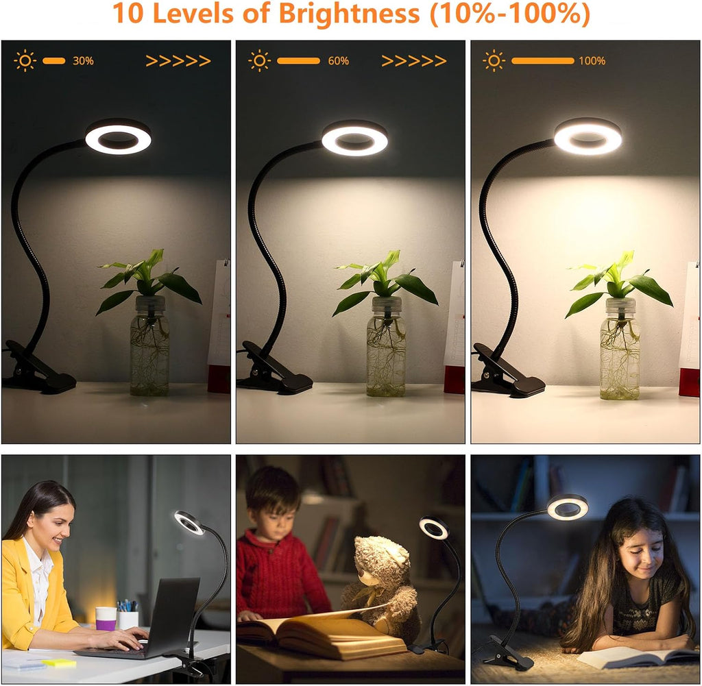 Woputne Desk Clip on Lamp for Reading Home Office, with 5V 2A Adapter, 10 Dimmable Brightness 3 Modes, Clamp Reading Light for Bed Headboar…