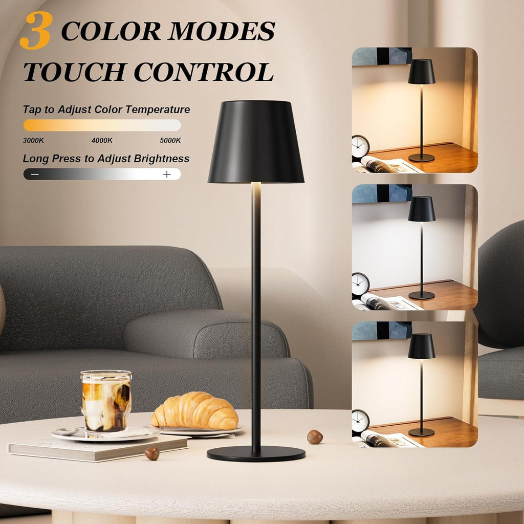 Kakanuo Cordless Table Lamp Rechargeable Black - KK 2 Pack 5000mAH Battery Operated Lamp for Counter, 3 Color Stepless Dimming Wireless…