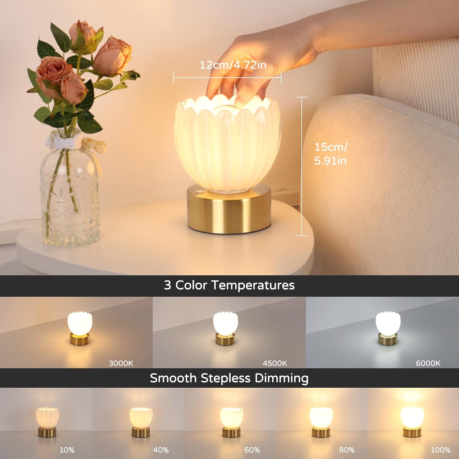 Shenmoyl Cordless Small Table Lamp with 5200mAh Battery & Touch Control, Battery Operated Tulip Table Lamp with 3 Colors, Rechargeable…
