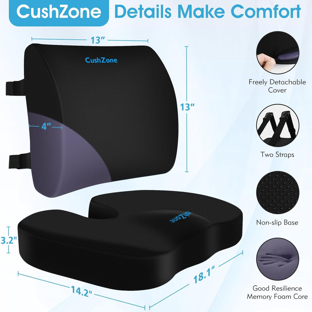 CushZone Ergonomic Seat Cushion & Lumbar Support Pillow - Memory Foam for Sciatica & Posture Correction, Non-Slip Chair Cushions for Office…
