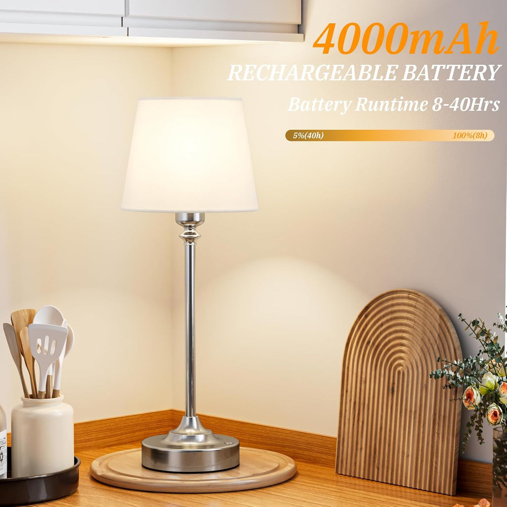 Kakanuo Cordless Table Lamps Rechargeable Set - 2 Pack Silver 4000mAH Battery Operated Lamps for Decor, 3000K Stepless Dimming Touch…