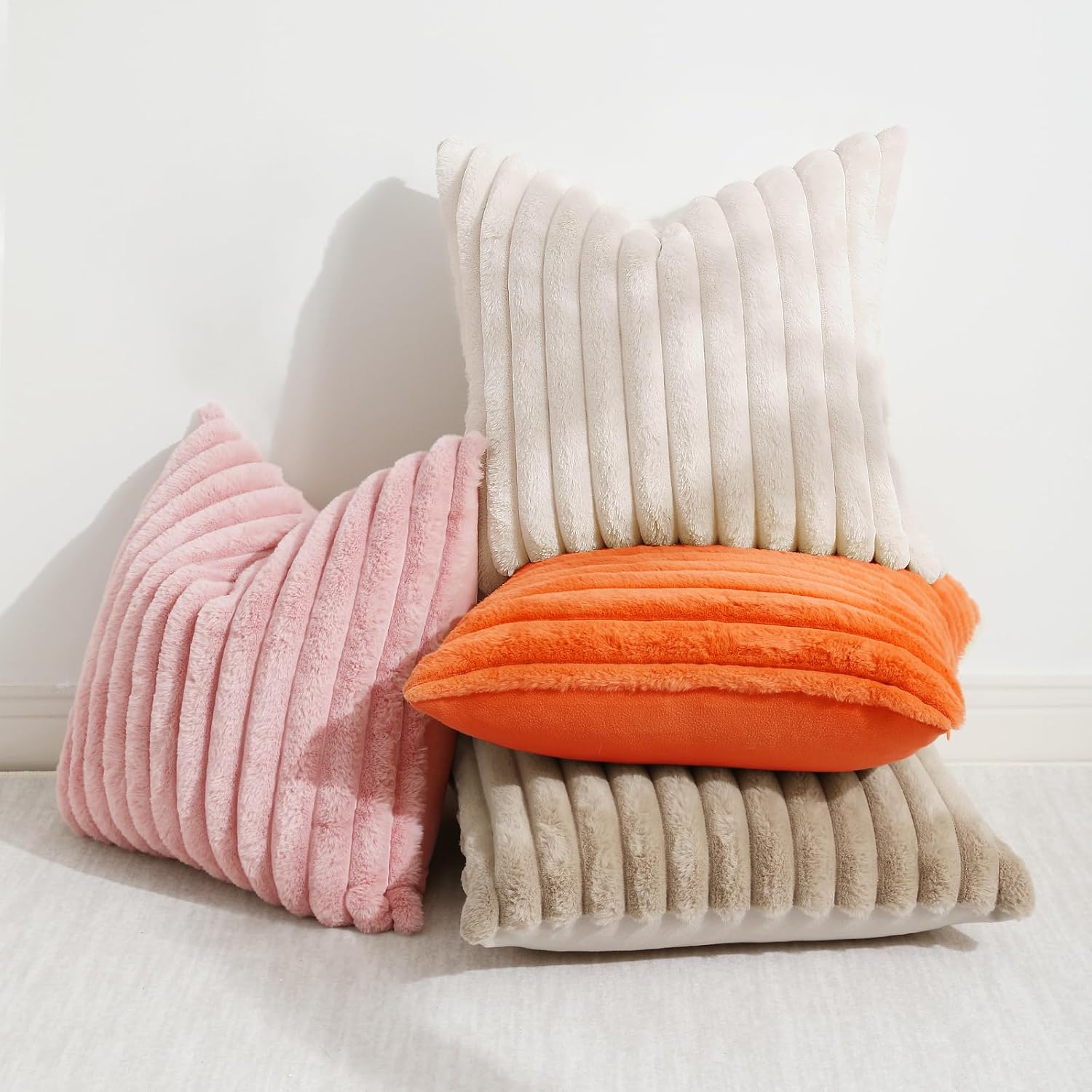 decorUhome Summer Cozy Faux Fur Throw Pillow Covers 20x20 Set of 2 Decorative Soft Plush Striped Modern Farmhouse Boho Couch Pillow Cases w…