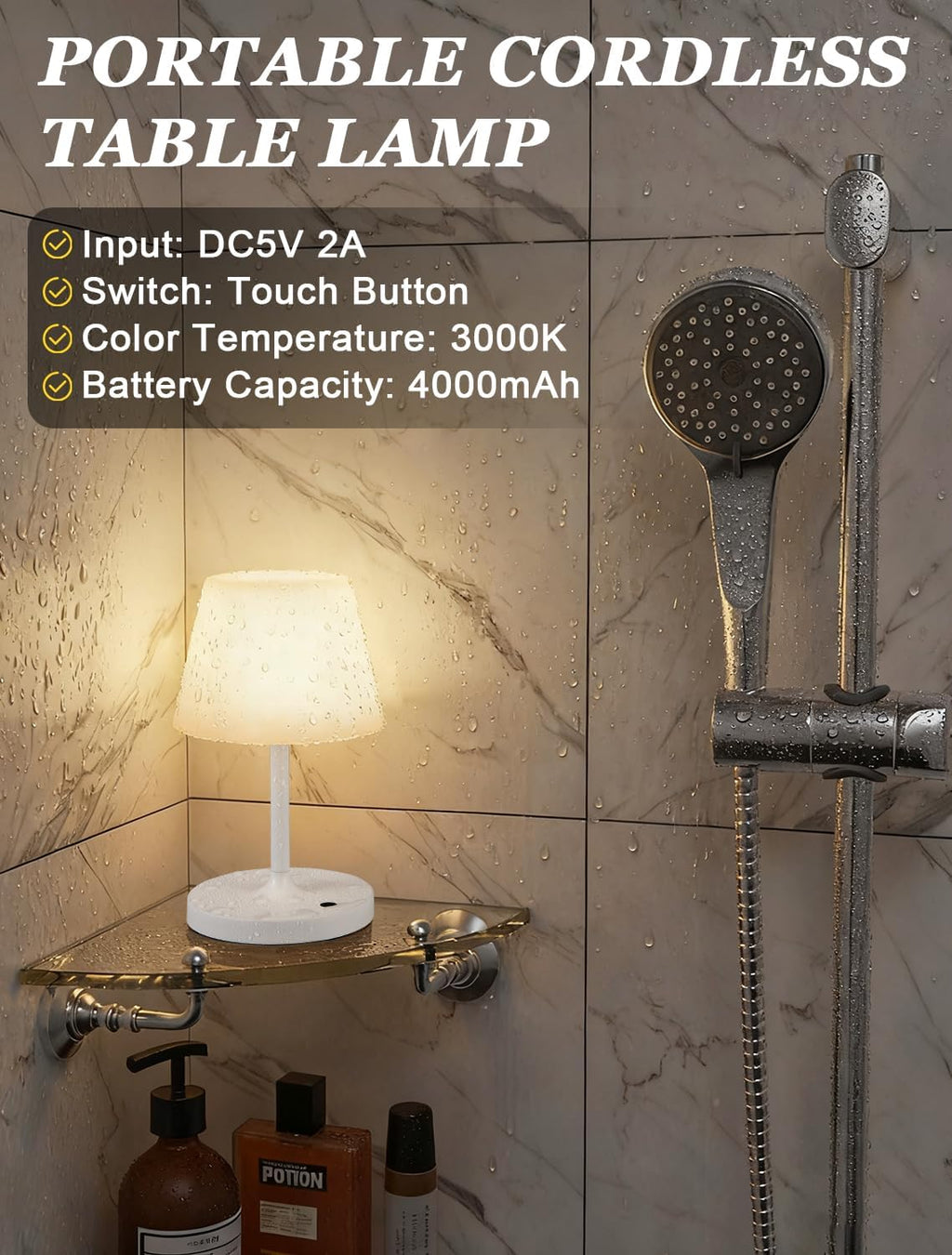 Kakanuo White Cordless Shower Lamp Waterproof, Rechargeable Table Lamp with 4000mAh Battery, Touch Dimmable Desk Light for Outdoor…