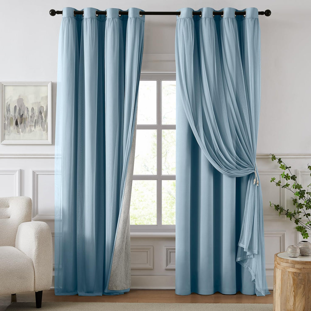 Swandream 100% Blackout Curtains for Bedroom, Double Layer Blue Curtains, Black Out Curtain 108 inch Long with Sheer Overlay for Living Roo…