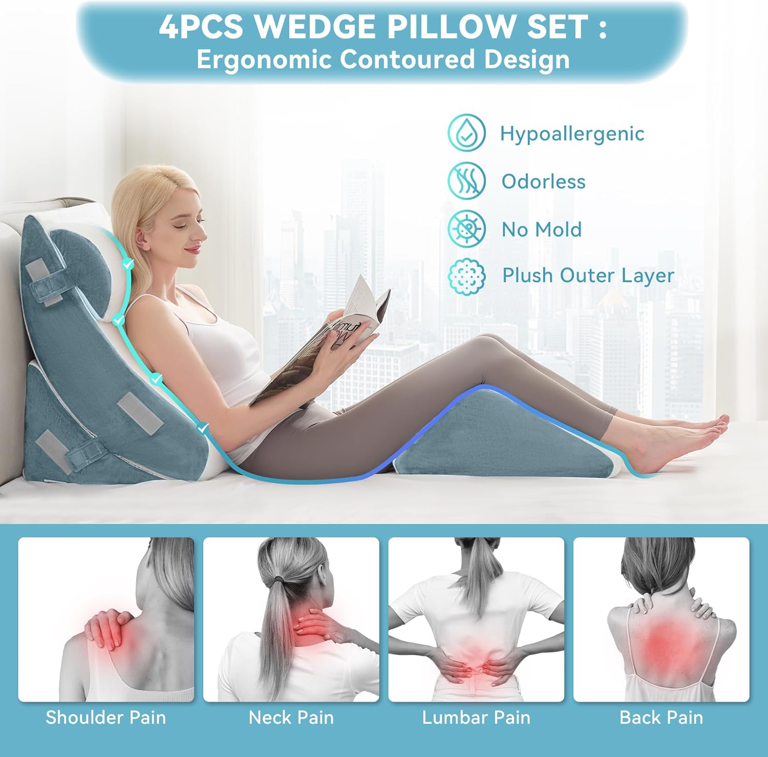 KINGFUN-Anexcitingoption Kingfun 4PCS Orthopedic Bed Wedge Pillow Set for After Surgery, Memory Foam Support Pillow for Back, Neck and Leg…