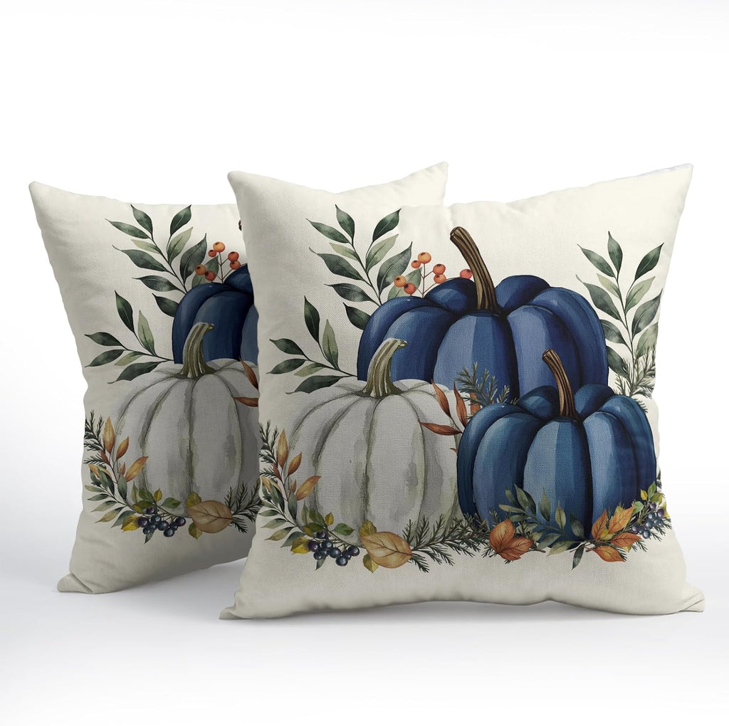 Pumpkins Throw Pillow Covers 20x20 inch 2 Packs Fall Blue and White Pumpkin Pillowcase Autumn Thanksgiving Vintage Outdoor Decorations…