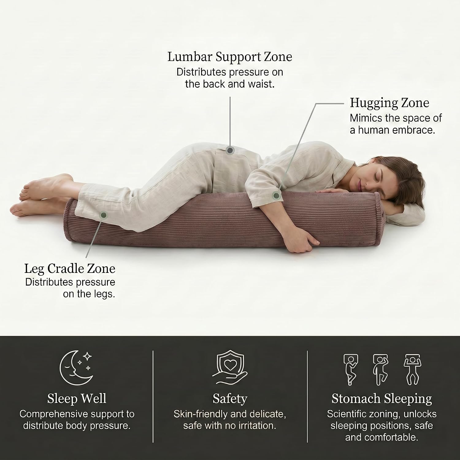 Corduroy Body Pillow for Side Sleepers, Cozy Cylinder Bolster Pillow for Bed & Sofa, Soft Hugging Support Pillow for Sleeping & Lounging…