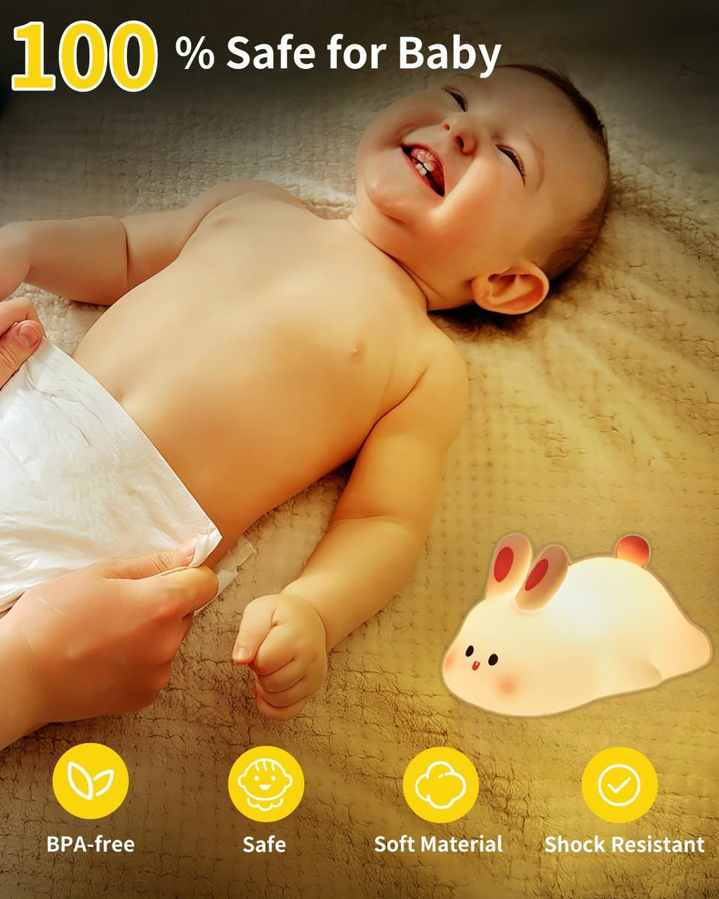 Big Face Rabbit Silicone Night Light, Squishy Bunny Lamp with Touch Control, 30-Min Timer, Rechargeable Kids Night Light for Bedroom…