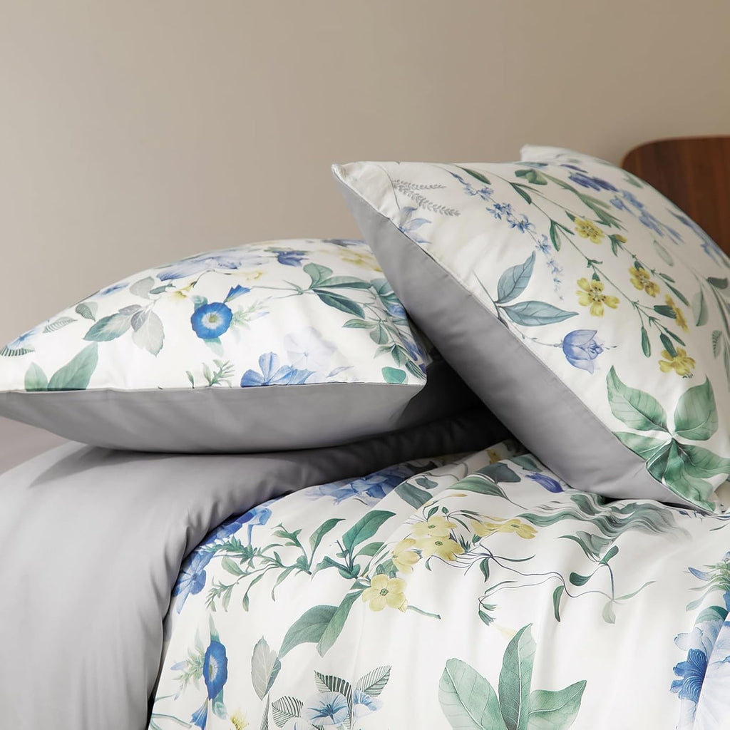 mixinni Reversible Floral Duvet Cover Set King Size, 3 Piece Blue Green Botanical Bedding Set with Zipper Closure & 4 Corner Ties, Farmhous…