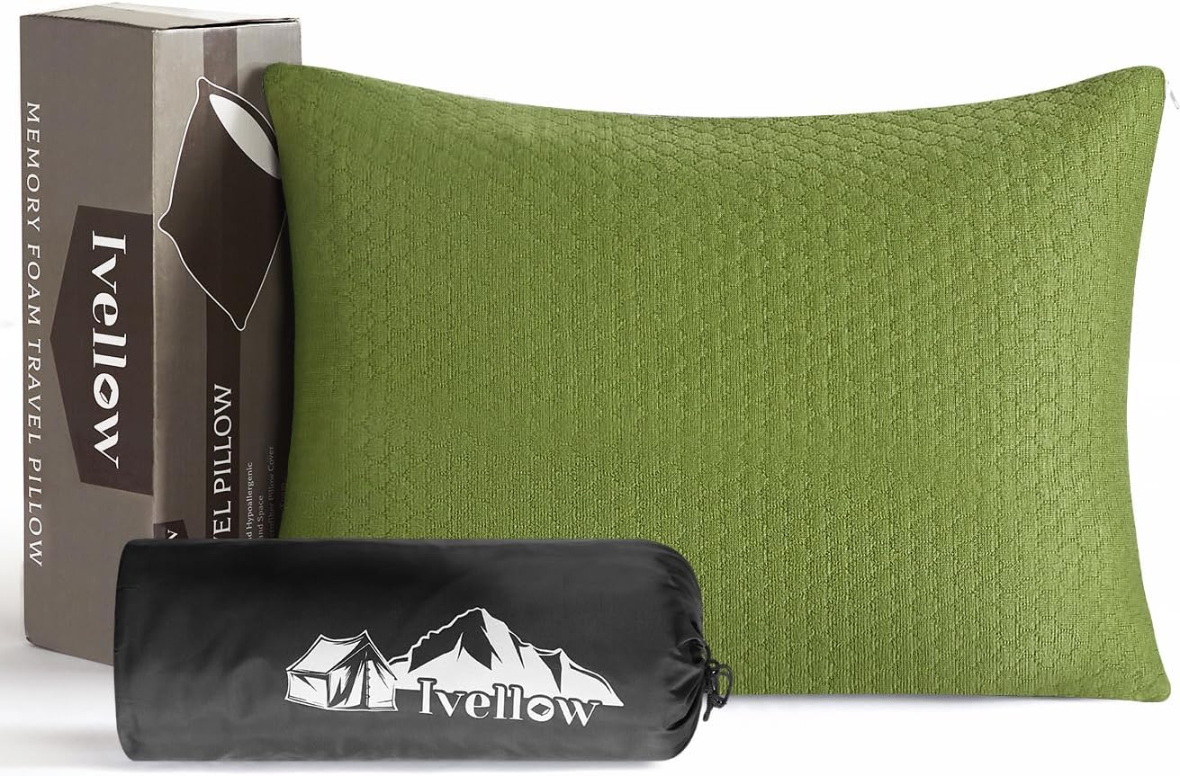 Ivellow Memory Foam Travel Pillow - Compact, Lightweight, Breathable & Hypoallergenic - Adults & Kids - Camping, Hiking, Travel - Avocado G…