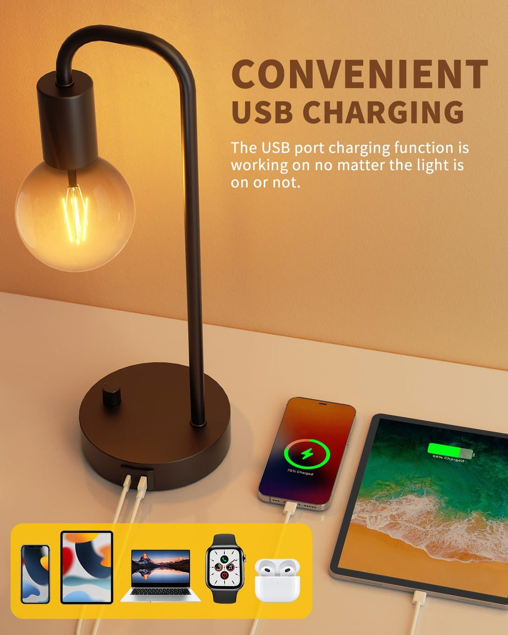 ONEWISH Industrial Table Lamp Set of 2 with USB C&A Charging Port, Stepless Dimmable Nightstand Bedside Lamps for Bedroom, Desk Lamps with…