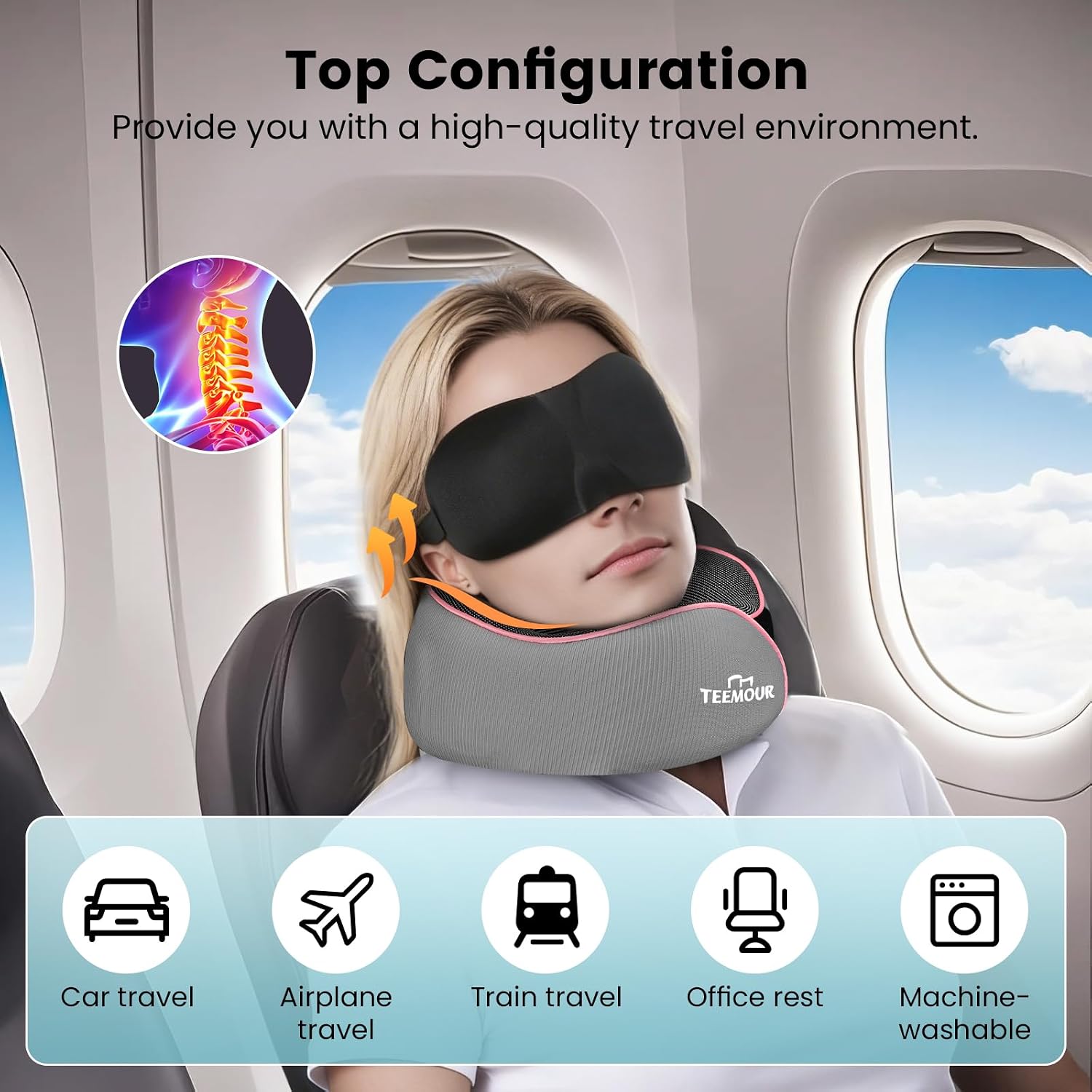 Teemour Travel Neck Pillow Airplane- Upgraded Memory Foam Neck Pillow for Airplanes 360° Support Desing, with Eye Mask & Earplugs…