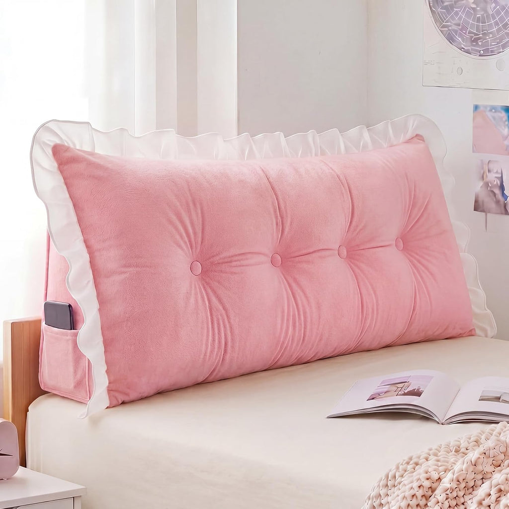Leinuosen 39 in Ruffle Wedge Headboard Pillow for Dorm Twin XL College Bed Reading Bolster Dorm Velvet Triangular Bed Backrest Wedge…