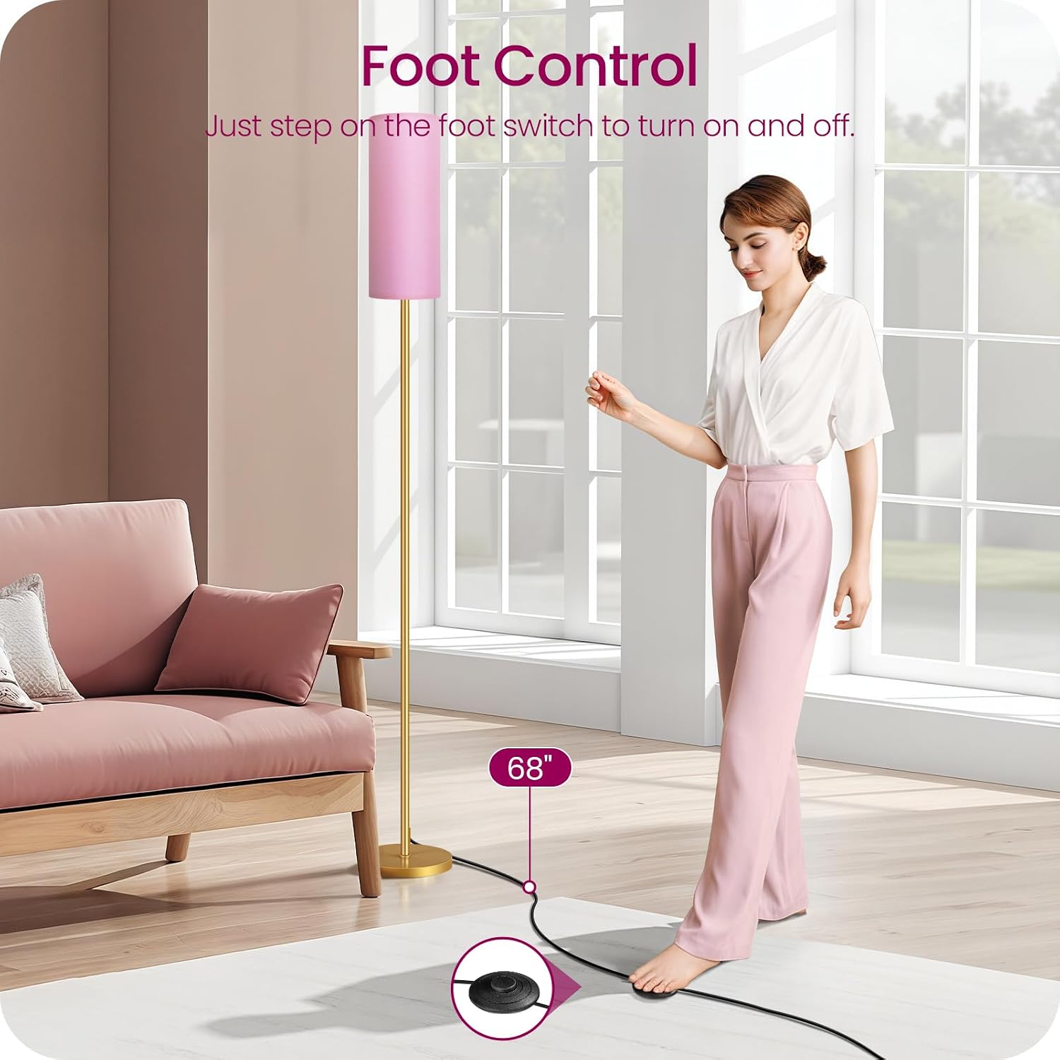 Dimmable Pink Floor Lamp for Living Room with Remote and Foot Switch, Corner Floor Lamp, 64.4'' Standing Tall Lamp, 10W 900LM Bulb…
