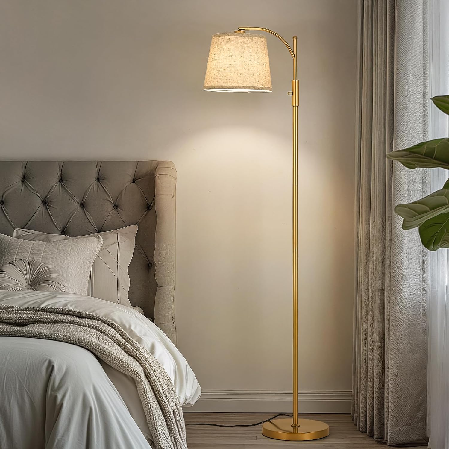 AIDENOEY Fully Dimmable Floor Lamp for Living Room, Standing Lamp Rotary Switch with Linen Beige Shade, Golden Tall Lamps for Bedroom with…