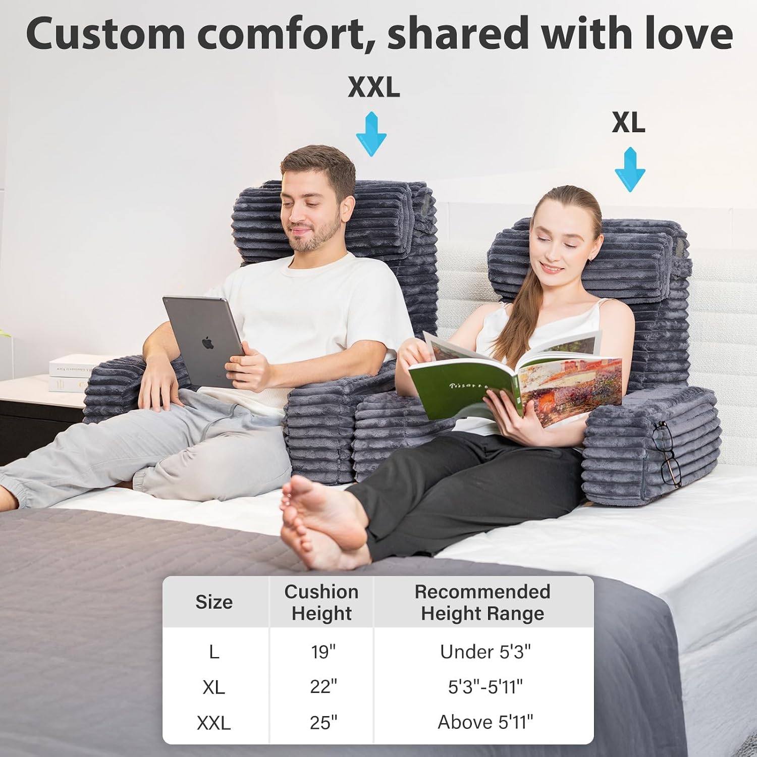 ENITYA Reading Pillow for Sitting in Bed Adult, 24in XXL Back Pillow for Bed Sitting up, Big Pockets & Built-in Arms, Back Support Chair…