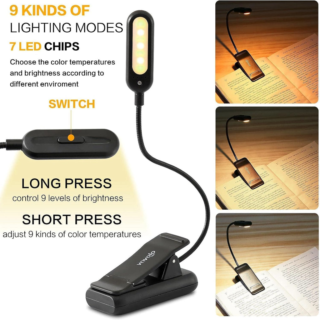 VAVOFO Clip On Rechargeable Reading Light, 7 LEDs with 3 Colortemperature 9 Brightness Levels Book Lights for Reading in Bed with Power…