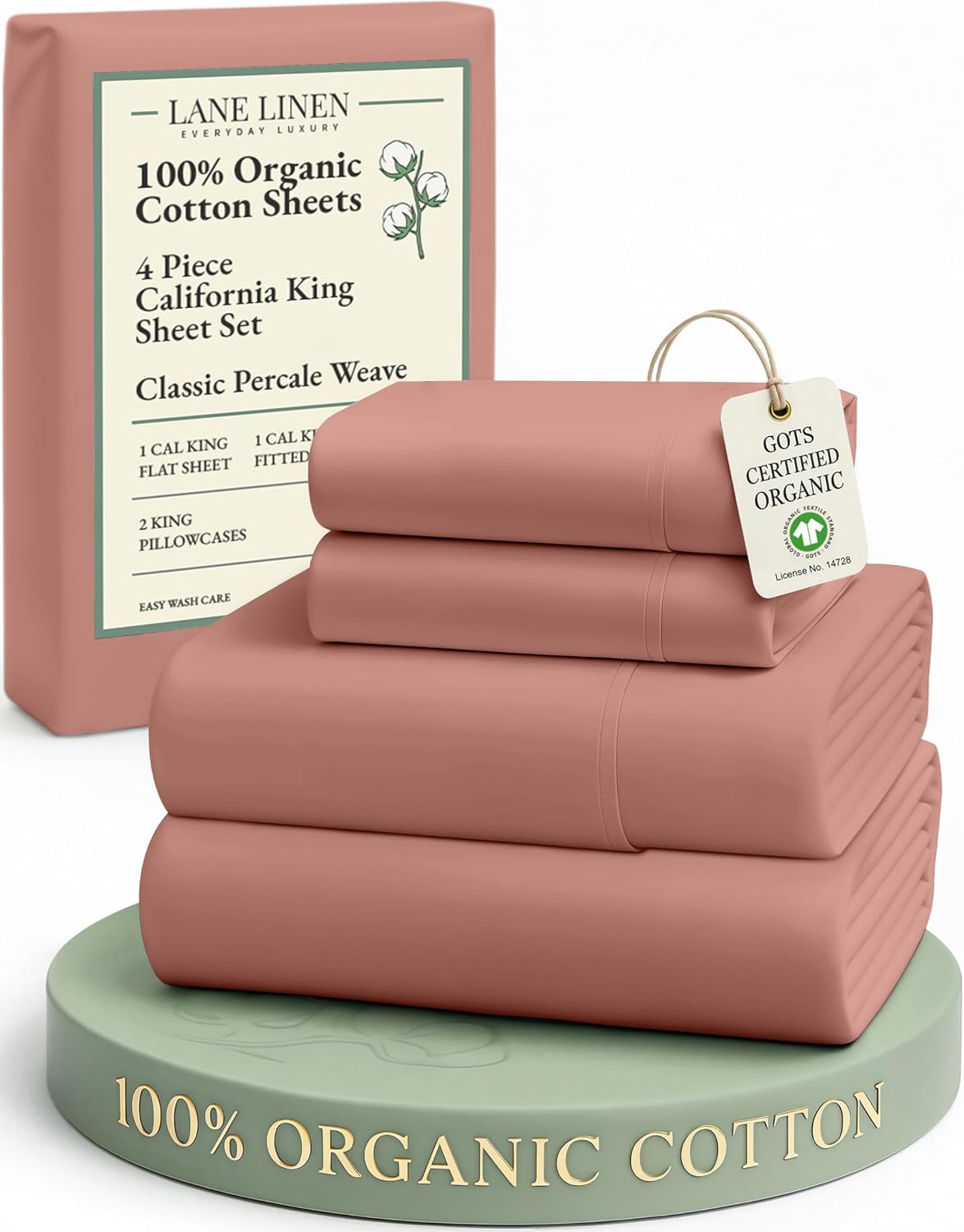 LaneLinen LANE LINEN 100% Organic Cotton California King Sheets Set, 4-Piece Pure Organic Cotton Long Staple Percale Weave Soft Bedding She…