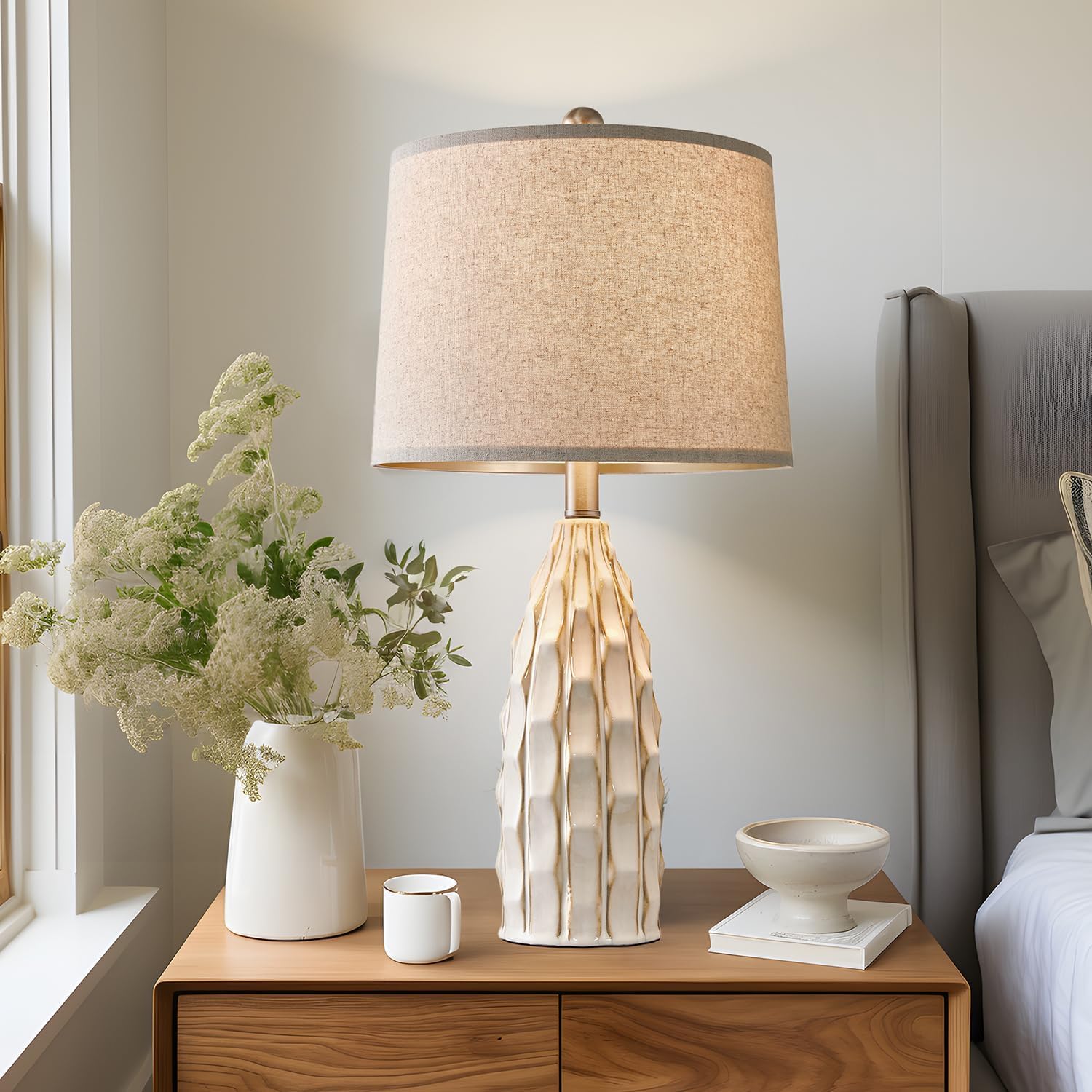 USumkky Ceramic Table Lamps Set of 2, 23.75" Modern Farmhouse Bedside Lamp - Cream Nightstand Lamps for Bedroom, Boho Living Room End…