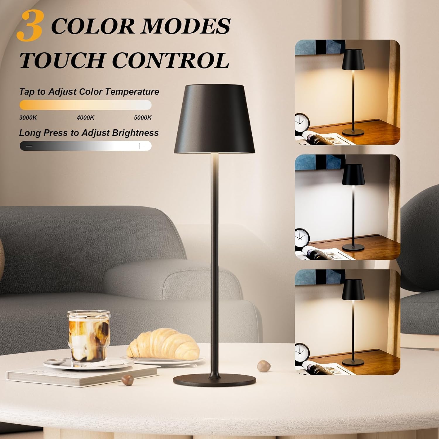 Kakanuo Cordless Table Lamp Rechargeable Black - KK 4 Pack Battery Operated Lamp for Dining Table, 3 Color Stepless Dimming Wireless Lamp…
