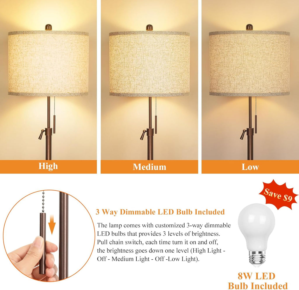 Qingmiao Metal Brown Floor Lamp for Living Room, Adjustable Height Standing Lamp, Pole Light for Bedroom, with Linen Shade and Metal…