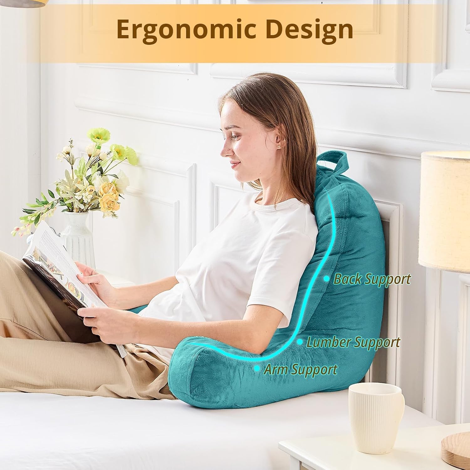 Sasttie Reading Pillow, Velvet Back Pillow for Bed Sitting Up, Adult Back-Rest Support Cushion with Arms for Sit Up on Couch, Sofa, and…