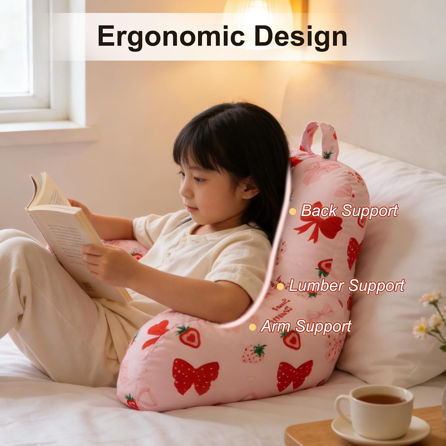 Holawakaka Kids Backrest Reading Pillow with Arms, Strawberry Bowknot Print Plush Bed Rest Pillows for Girls Teens Sitting in Bed, Sofa…
