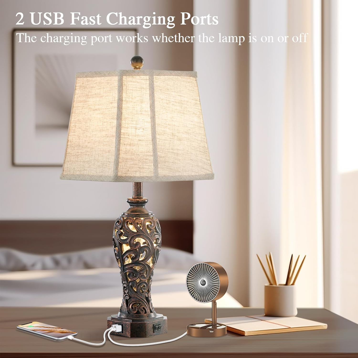 Set of 2 Farmhouse Table Lamps for Living Room, Rustic Vintage Nightstand Lamp with 2 USB Port, Bronze Resin Lamps for Bedroom End Table…