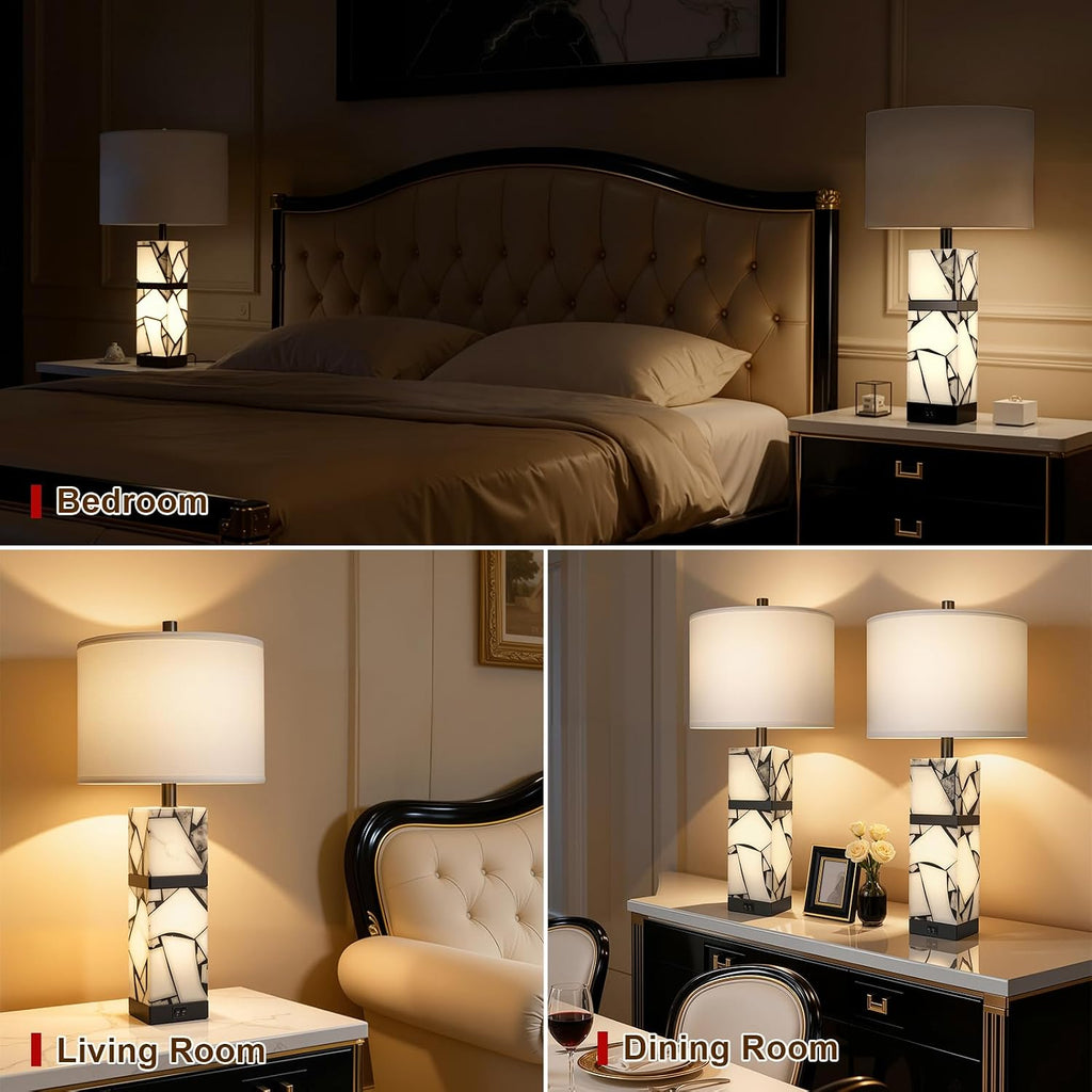 Scenekoy 27" Alabaster Table Lamps Set of 2 with Night Light for Living Room Bedroom, Nightstand Lamps with Linen Shade, Modern Bedroom…