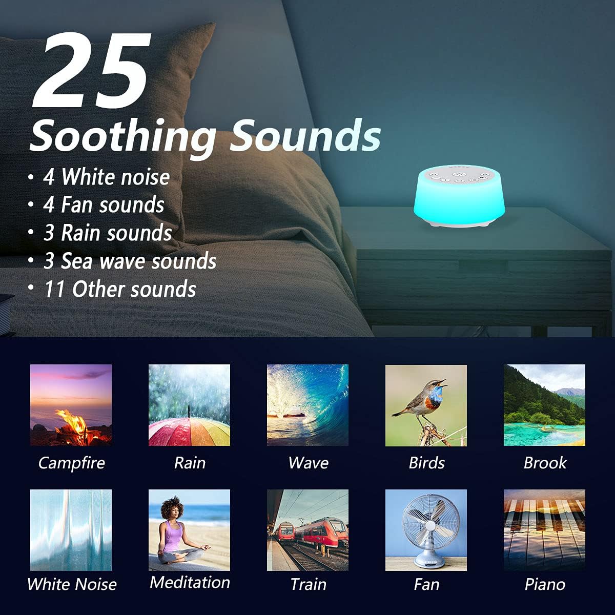Color Noise Sound Machines with 10 Colors Night Light 25 Soothing Sounds and Sleep White Noise Machine 32 Volume Levels 5 Timers…
