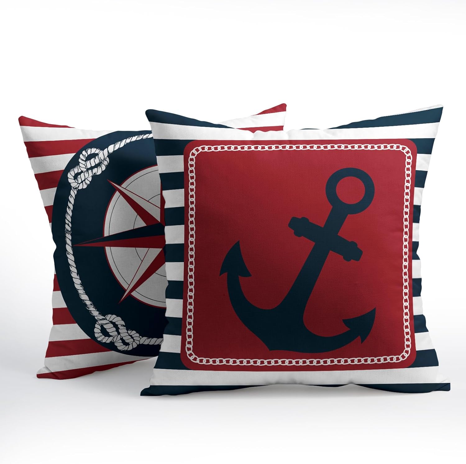 Anchor Compass Throw Pillow Cases Outdoor Nautical Pillow Covers Blue and White Stripes Decorative Cushion Cover 24x24 Inch Red and White…