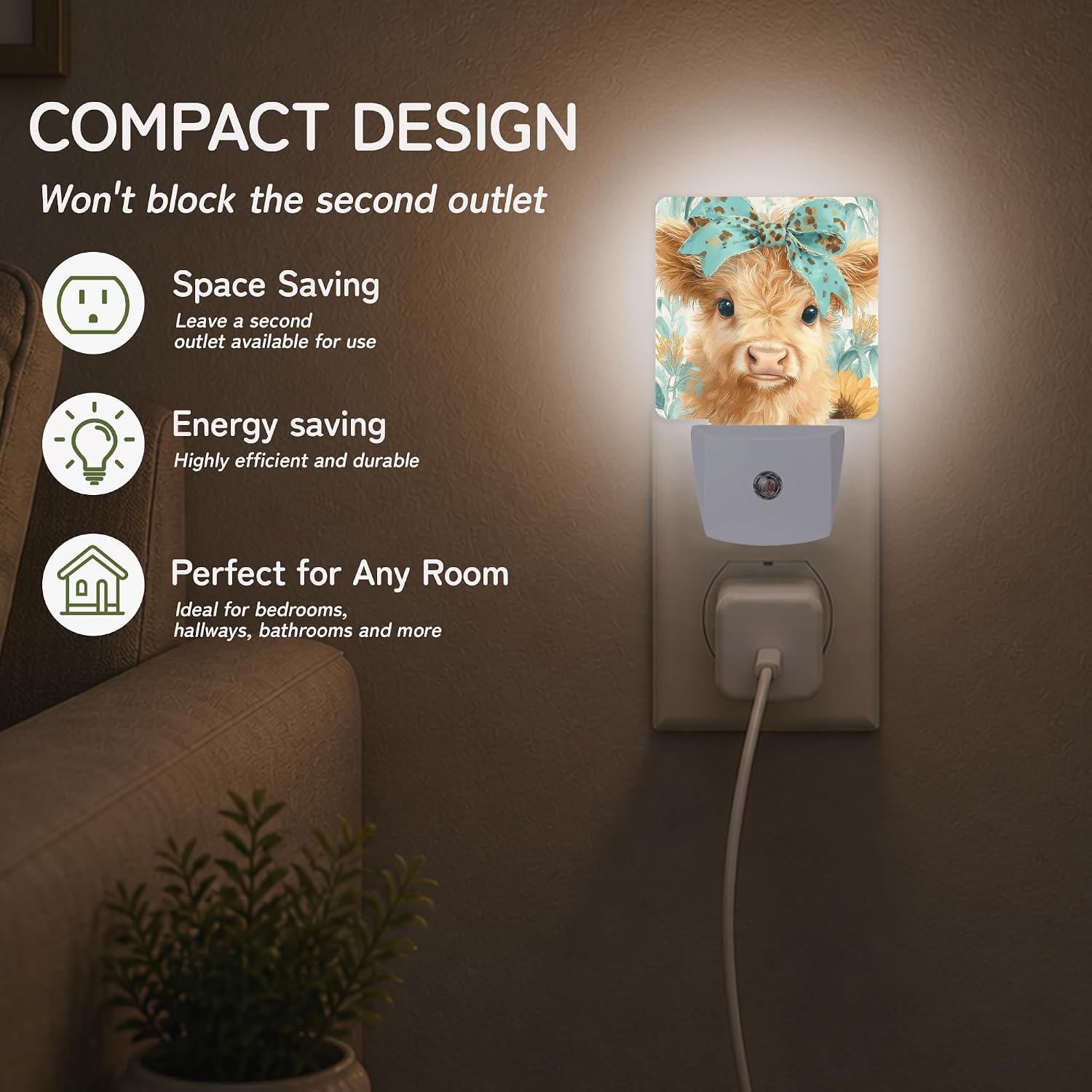 Highland Cow Calf Night Lights Plug into Wall, Night Light for Bedroom Bathroom Hallway Kitchen, Auto Dusk to Dawn Sensor Decorative Gift…