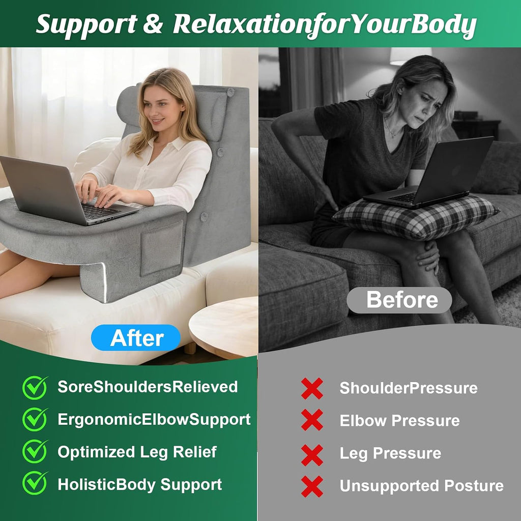 laapee Reading Pillow Set for Adults 3-Piece - Ergonomic Back/Neck Support with Arms & Pockets - 26D High-Density Foam for Bed/Couch Readin…