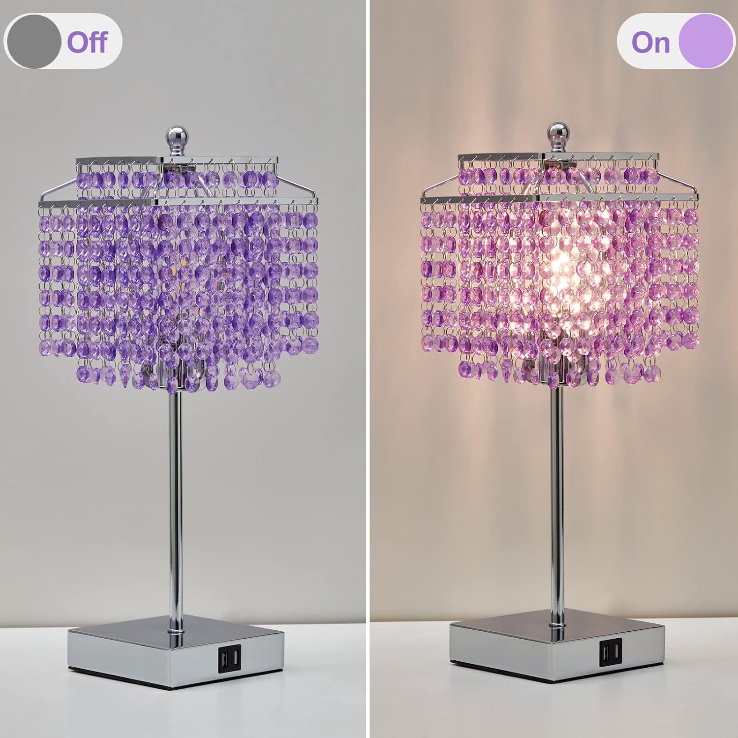 Luvkczc Crystal Table Lamp, Touch Lamp with USB C+A Ports, Dimmable Lamp with Crystal Shade, Purple Nightstand Lamp for Girl Bedroom…