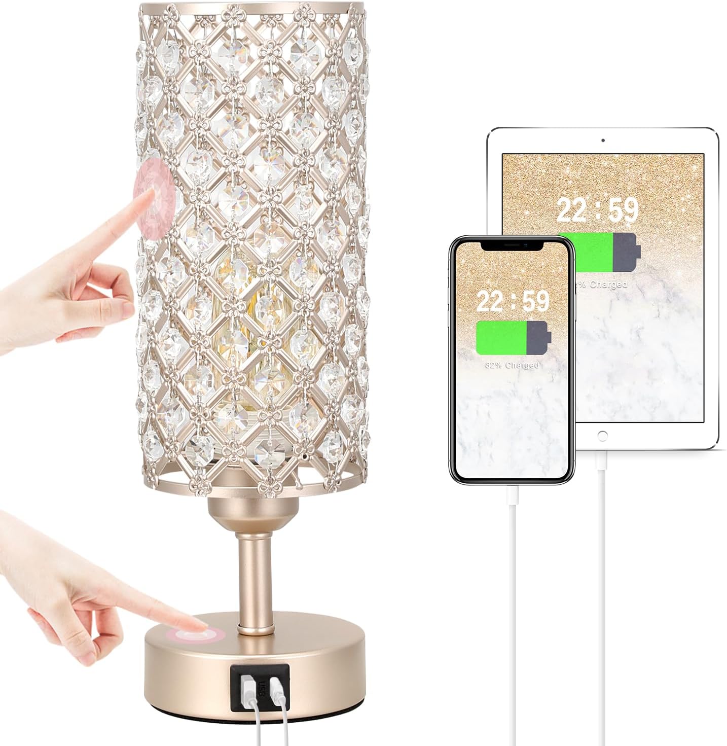 Crystal Table Lamp with USB C+A Ports, 3 Way Dimmable Touch Lamp with Crystal Shade, Champagne Gold Bedside Nightstand Small Lamp for…