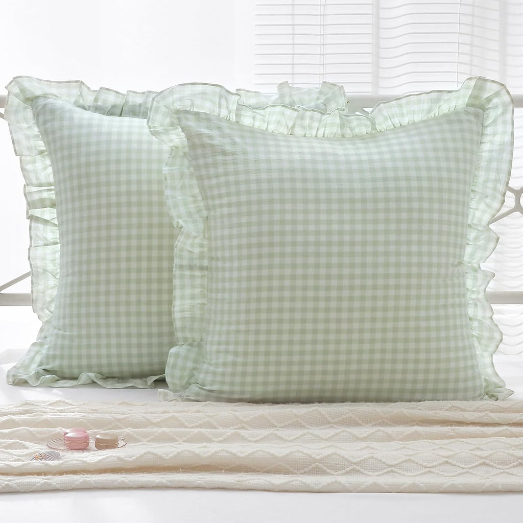 Kmasaniji 2 Pack Pile Green White Plaid Ruffle Gingham Euro Shams Pillow Covers, 100% Washed Cotton Checkered Farmhouse Pillowcases for Bed…