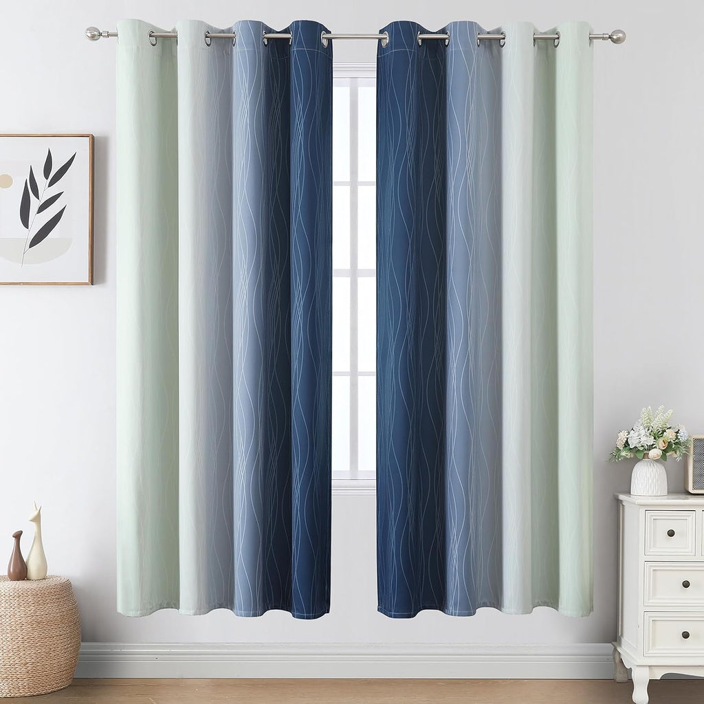Estelartextiler Estelar Textiler Navy Blue and Sage Green Ombre Blackout Curtains 72 Inch Length 2 Panels, Full Room Darkening Grommet Curt…