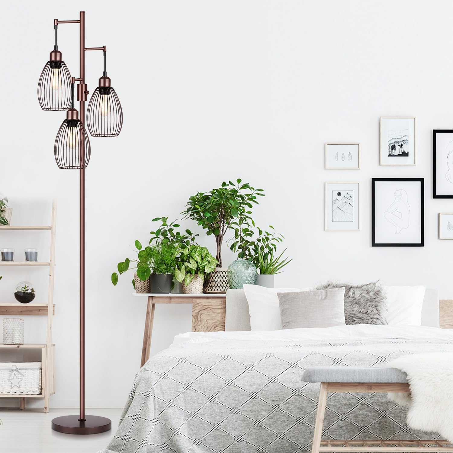 Dimmable Floor Lamp, 3 x 800LM LED Edison Bulbs Included, Farmhouse Industrial Floor Lamp Standing Lamp with Elegant Teardrop Cage Head…