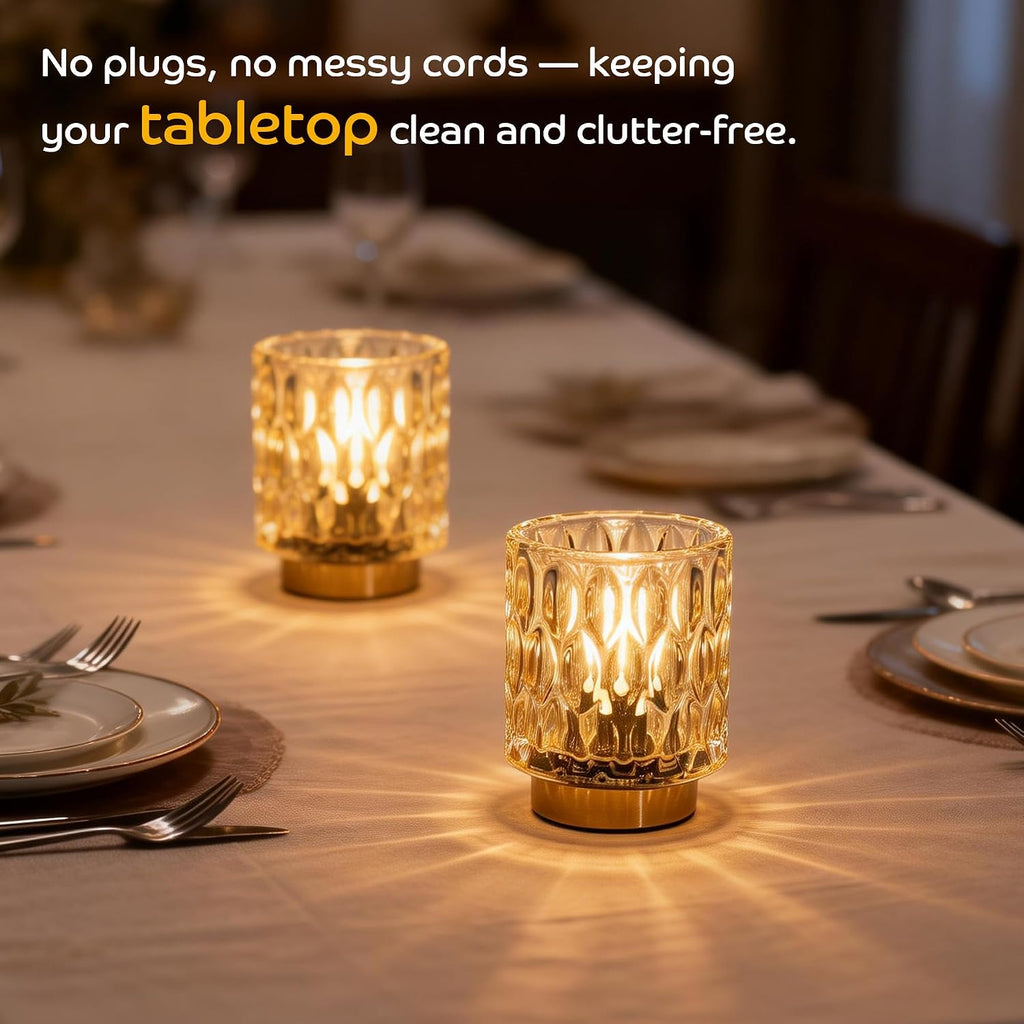 LUSHARBOR Battery Operated Table Lamp Set of 2, Small Gold Glass Decorative Lamps with Timer, Cordless Mini Ambient Lights for Bedroom…