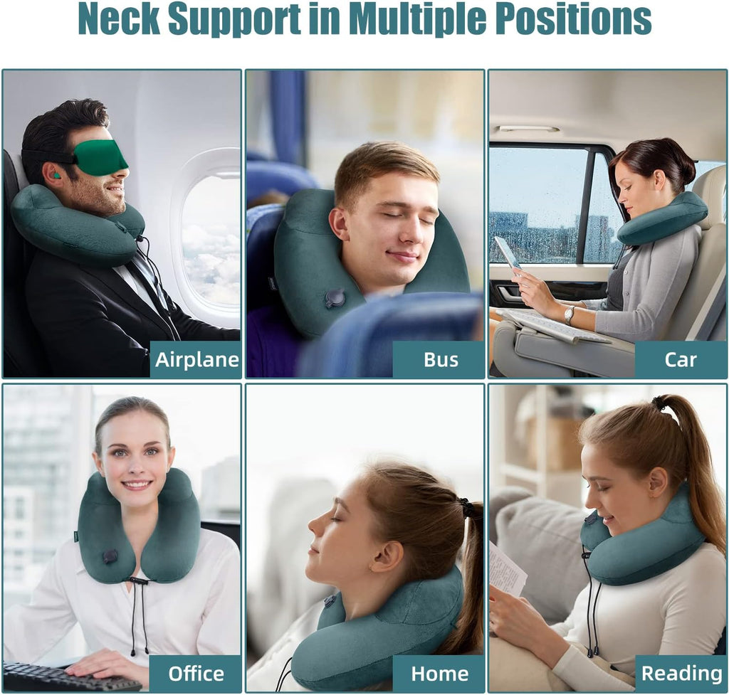 Compact Travel Neck Pillow for Airplanes, Super Soft Velvet Neck Support, Adjustable Firmness, Inflatable Plane Pillow for Long Flights…