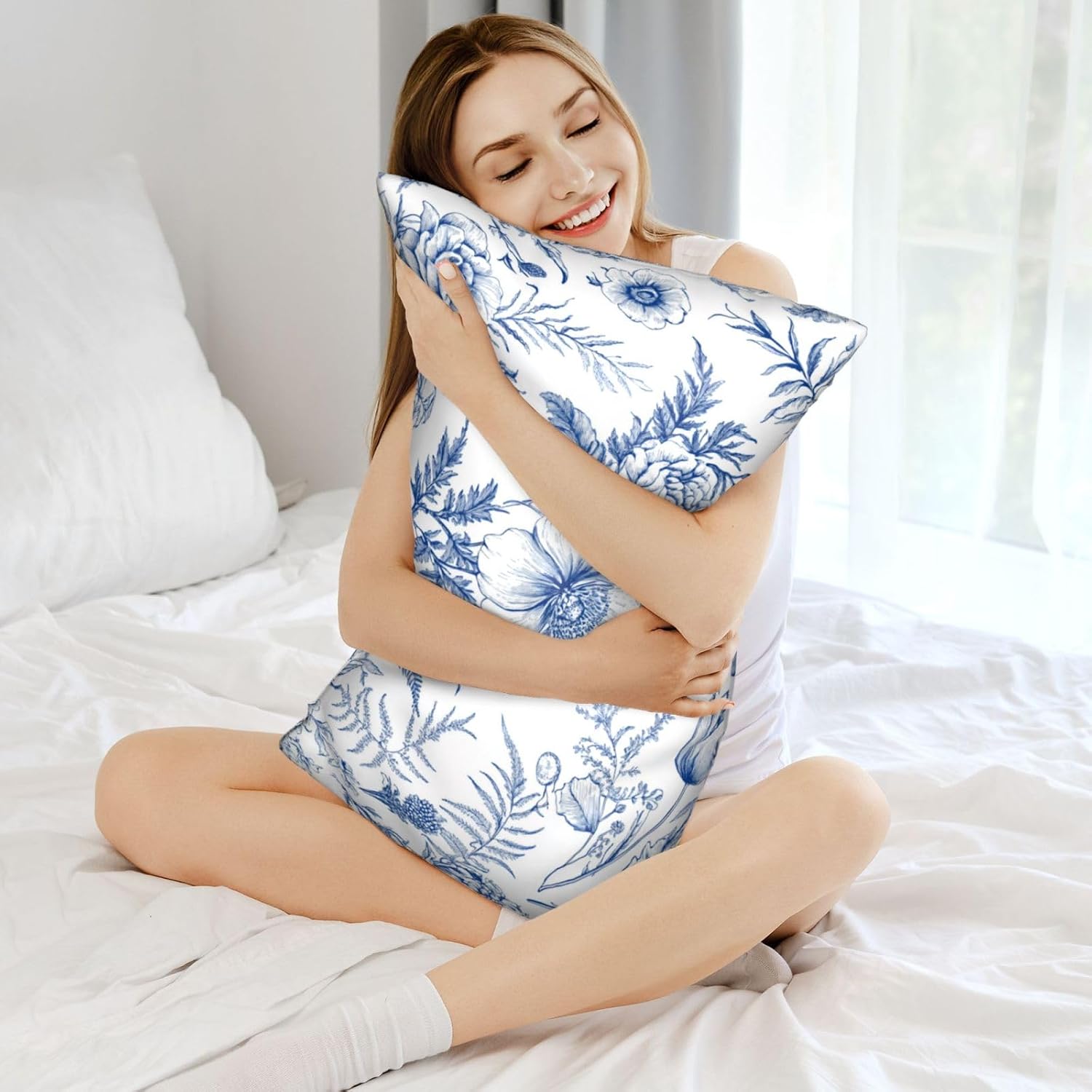 Satin Pillowcase for Hair and Skin Vintage Blue and White Floral Super Soft and Cooling Similar to Silk Pillow Case 1 Pack with Hidden…