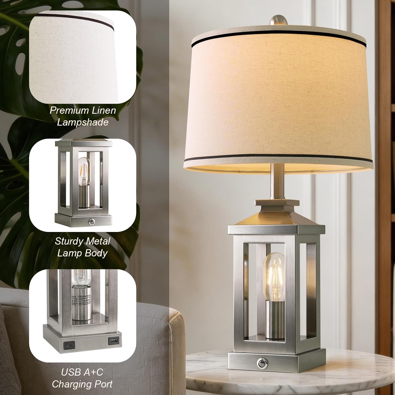 G-SAFAVA 24" Table Lamps for Living Room Bedroom Modern Metal Bedside Lamps Set of 2 Nightstand Lamp for Night Stands 3 Way Dimmable…
