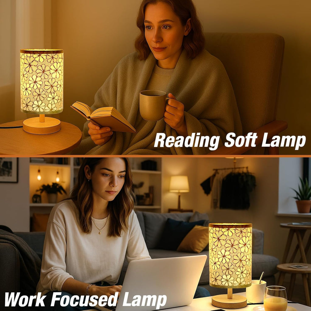 Desk Lamp LED Bulb Included, Small Bedside Table Lamp Plug-in - Classic Wood Base with Flaxen Fabric Shade, Lamps for Night Stands…